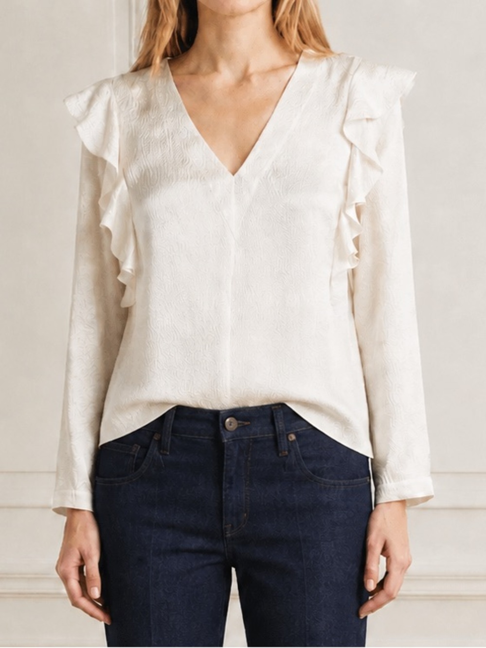 NWT Rebecca Taylor 100% Silk Ruffle Blouse Size 8 Ivory V-Neck $295 Long Sleeve